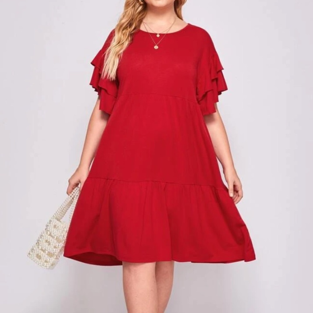 Red flutter sleeve smock dress